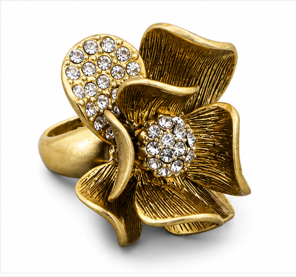 SPRING STREET GOLD TONE FLOWER ADJUSTABLE RING CLEAR RHINESTONE SIZE 6-8 NWT
